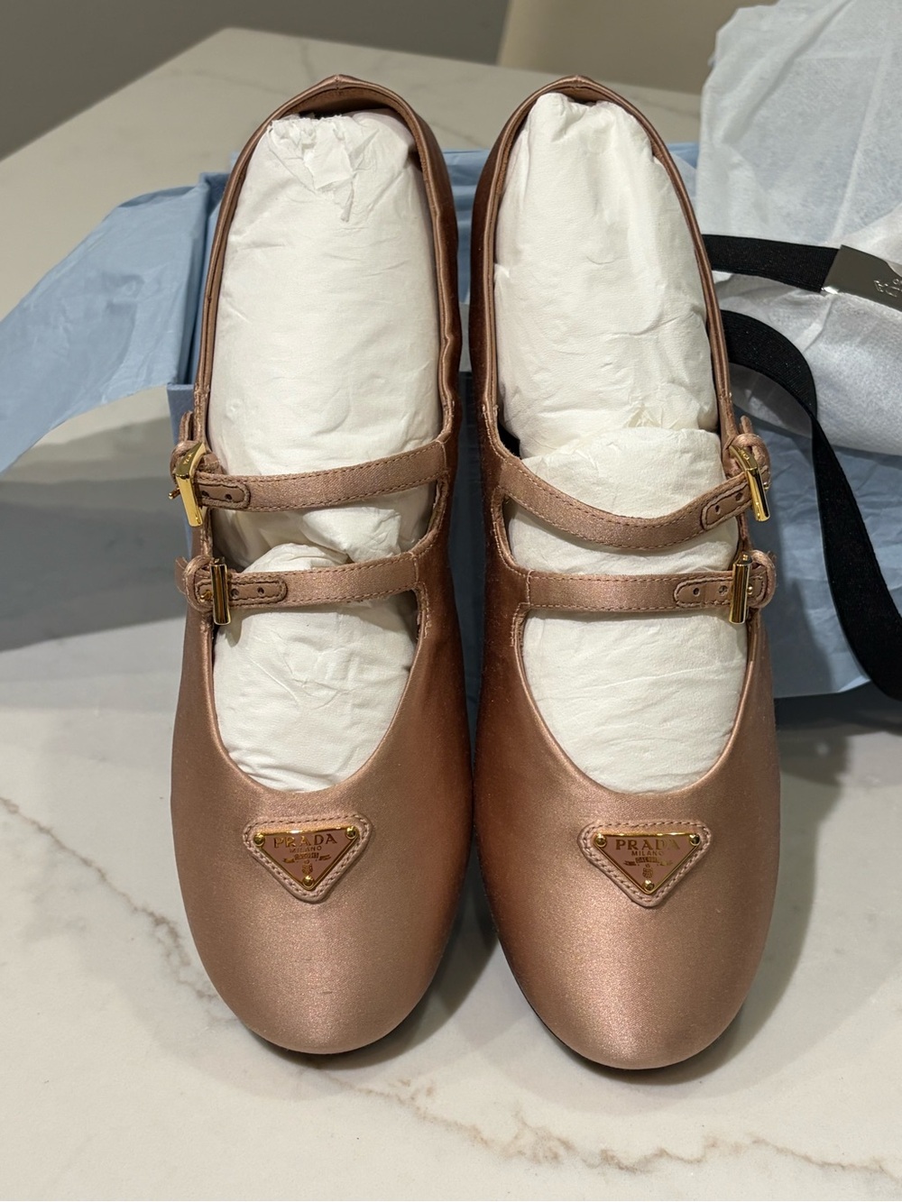 Prada Double-Strap Mary Jane Flats in Rose Gold Metallic - Picture 5 of 10